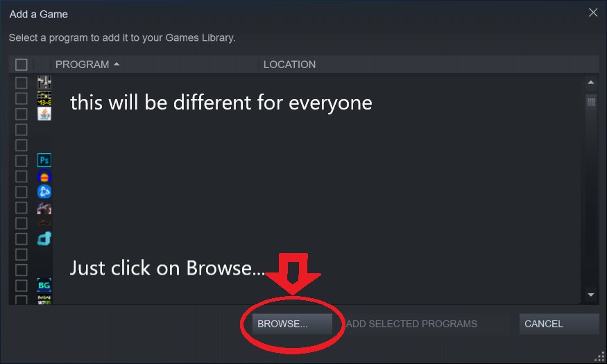 Steam library view used to add the mod as a non-Steam game